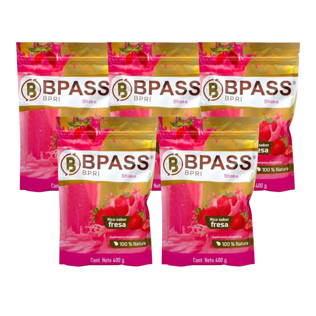 5 Piezas Bpass Malteada 400g Sabor Fresa Bpri